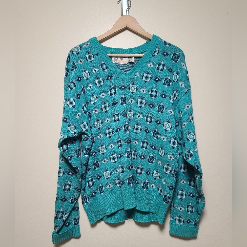 Vintage Turquoise Geometric V-Neck Sweater Retro Southwestern Grandpa Core
